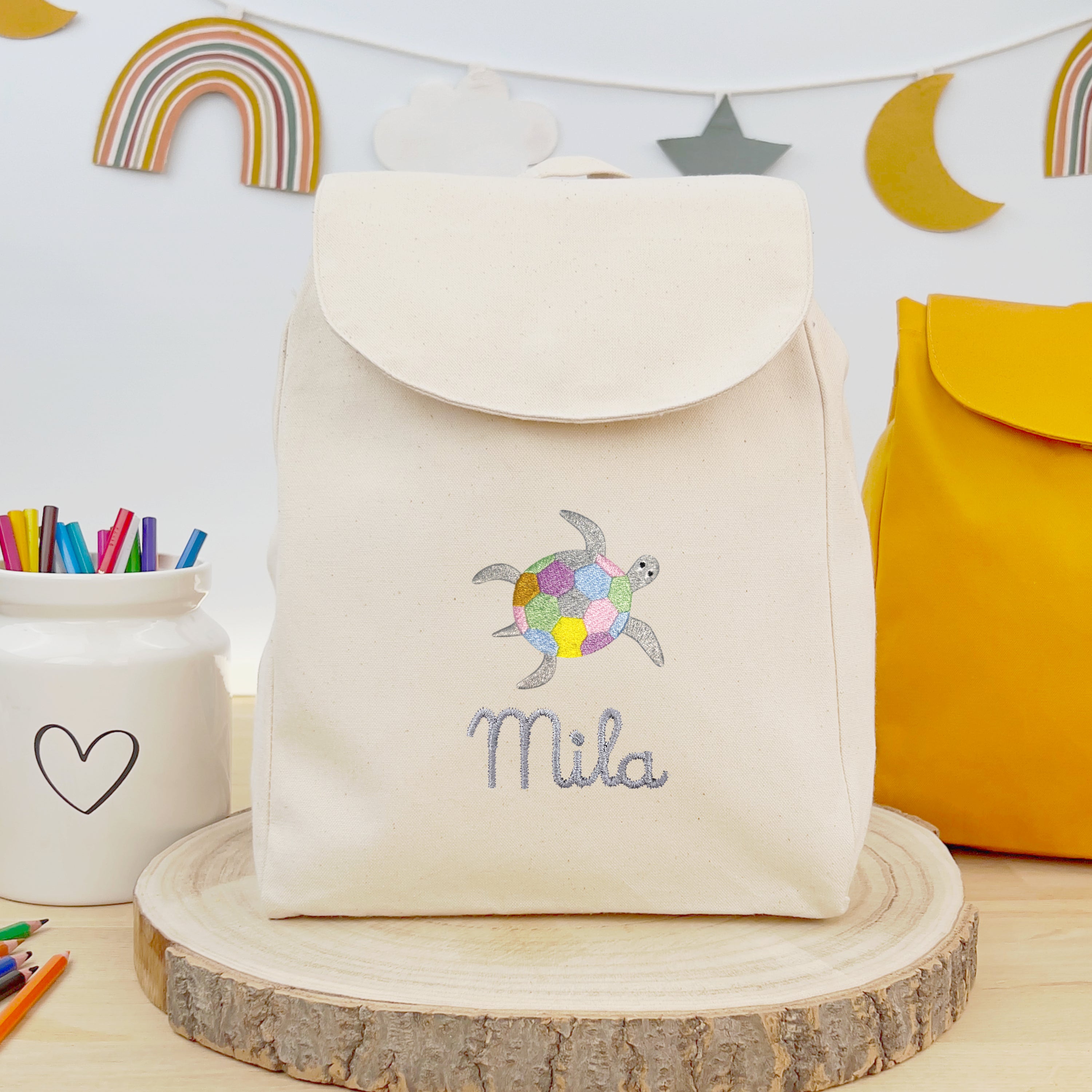 Bio-Kinderrucksack mit Namen Schildkröte - Natur/Grau
