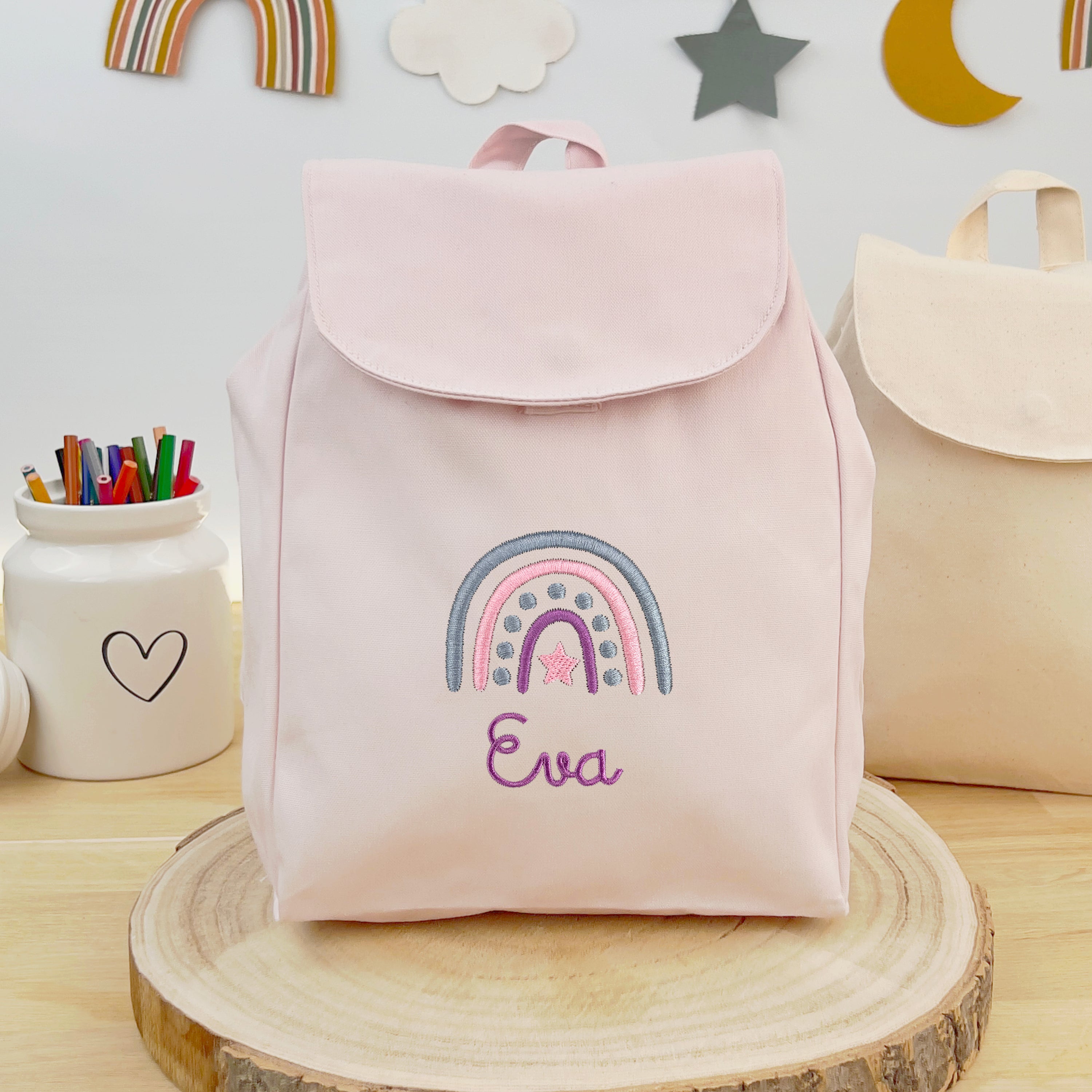 Bio Kinderrucksack mit Namen und Regenbogen - Rosa/Flieder