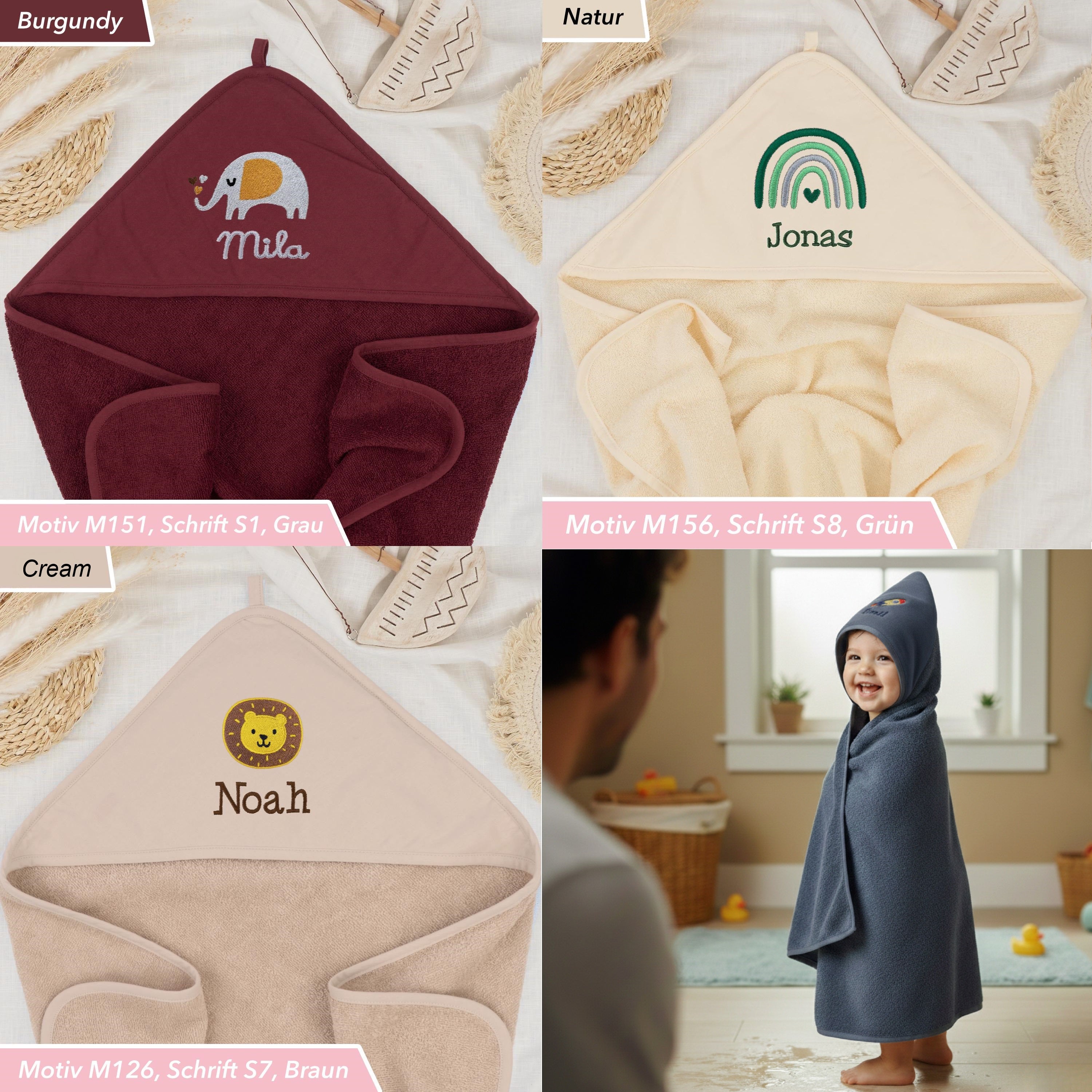Personalisiertes Kinder/Baby-Kapuzenhandtuch mit Motiv & Name - 100% Baumwolle - verschiedene Farben/Größen