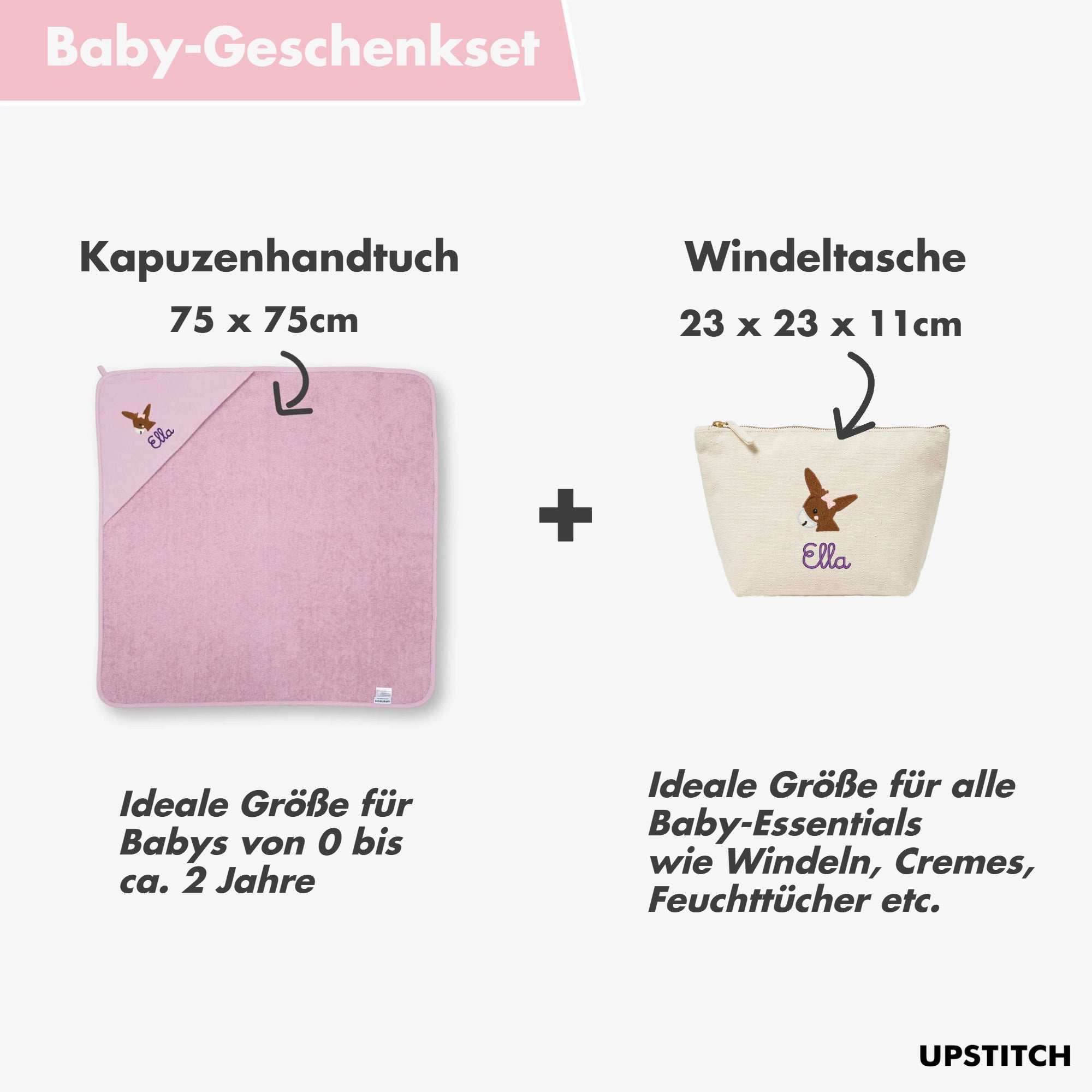 Personalisiertes Baby Geschenkset zur Geburt: Kapuzenhandtuch & Windeltasche mit Name und Wunschmotiv