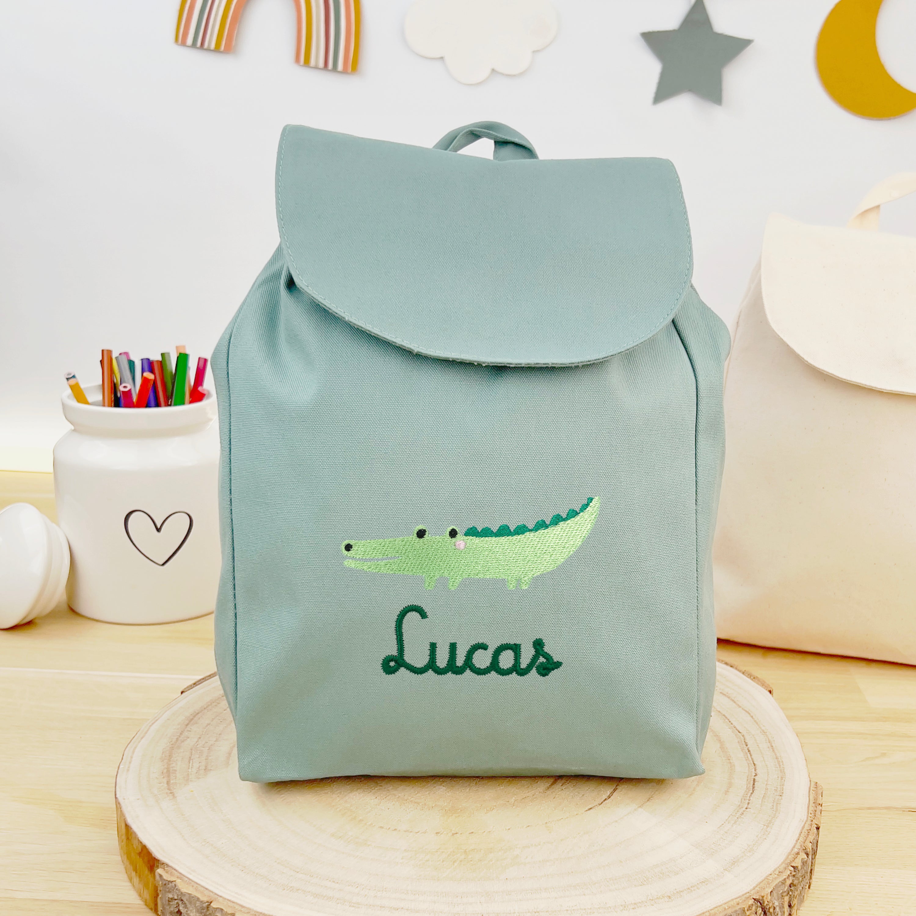Bio Kinderrucksack mit Namen und Krokodil - Mint/Grün