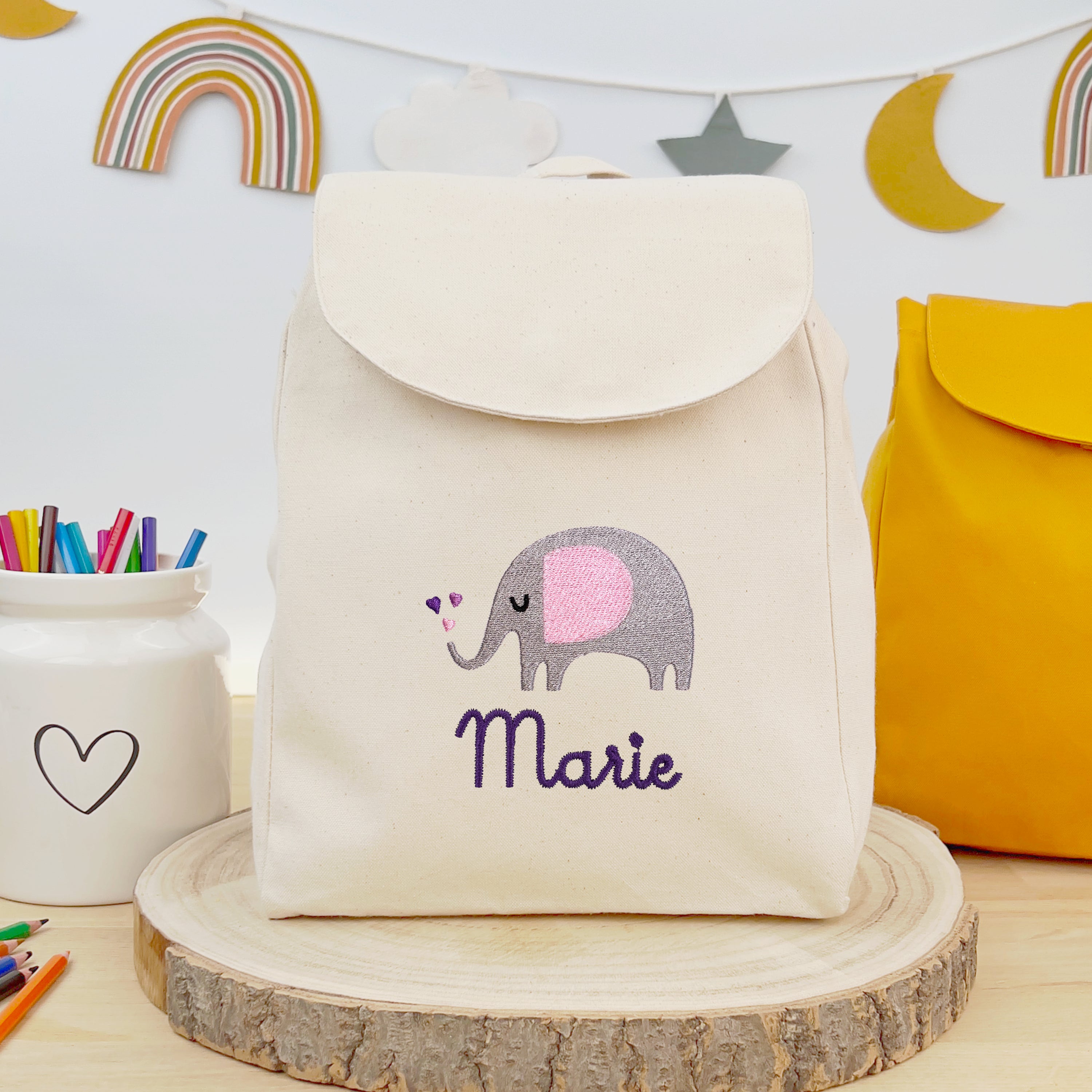 Bio-Kinderrucksack mit Namen und Elefant - Natur/Lila