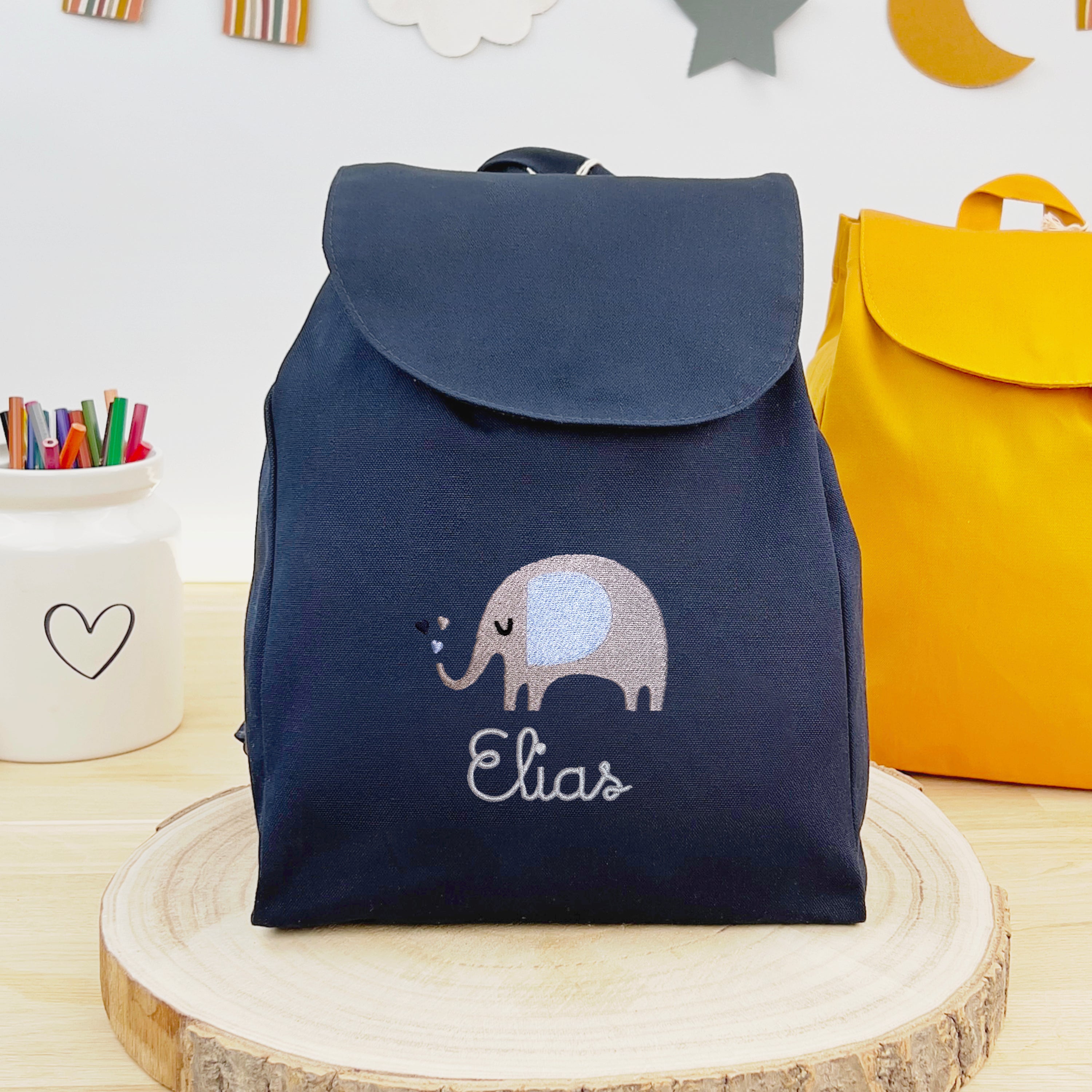 Bio Kinderrucksack mit Namen und Elefant - Navy/Silber