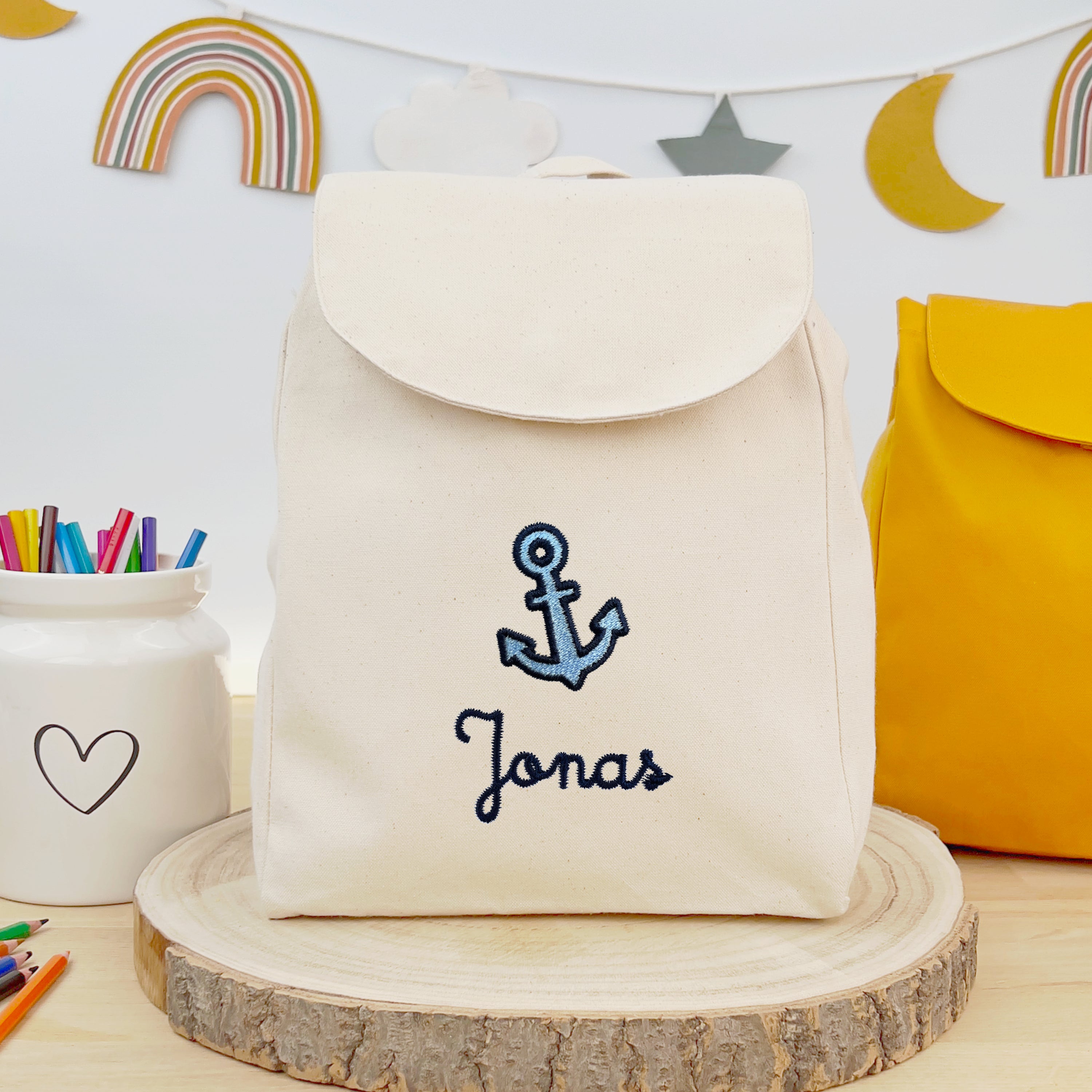 Bio-Kinderrucksack mit Namen und Anker - Natur/Navy