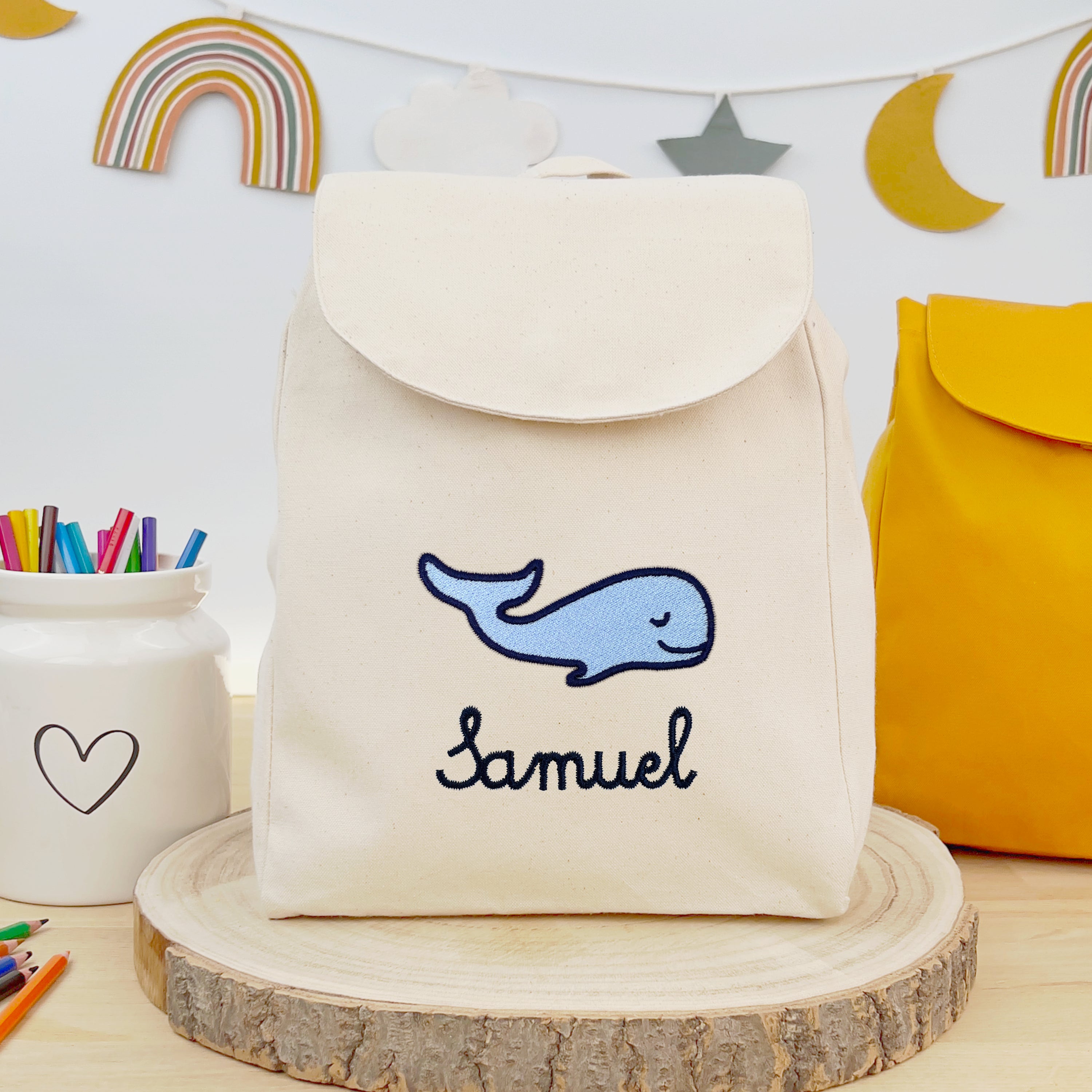 Bio-Kinderrucksack mit Namen und Wal - Natur/Navy
