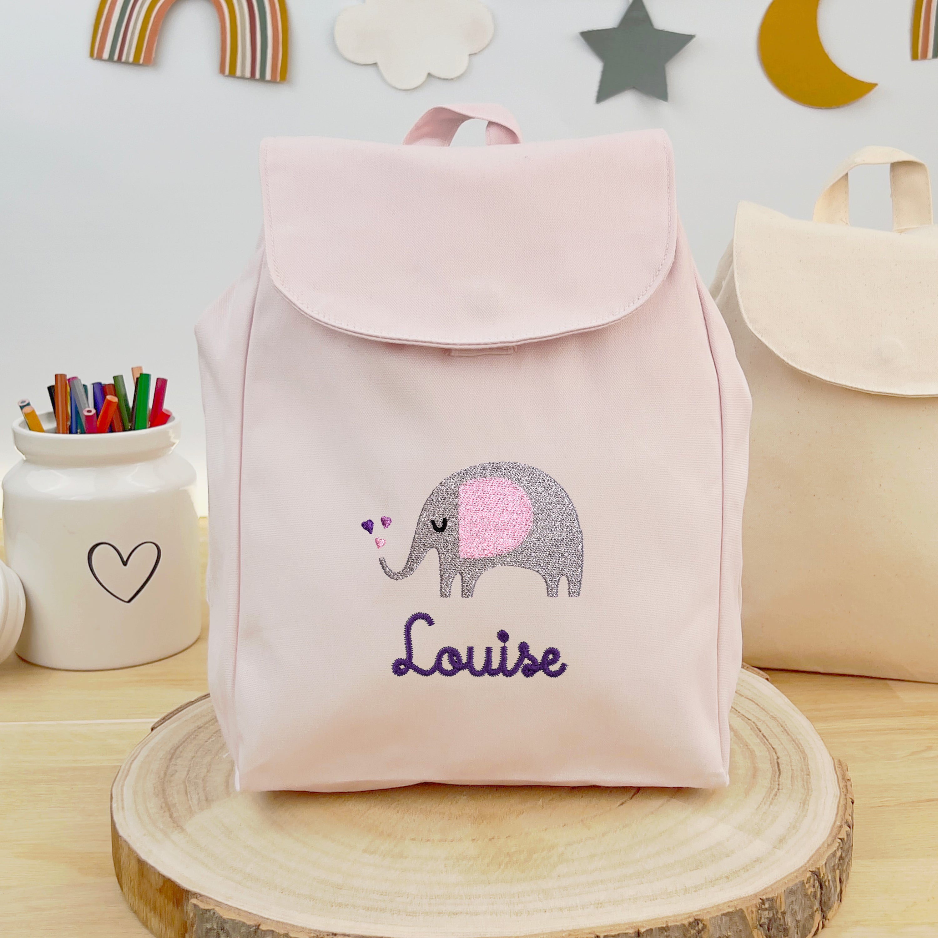 Bio Kinderrucksack mit Namen und Elefant - Rosa/Lila