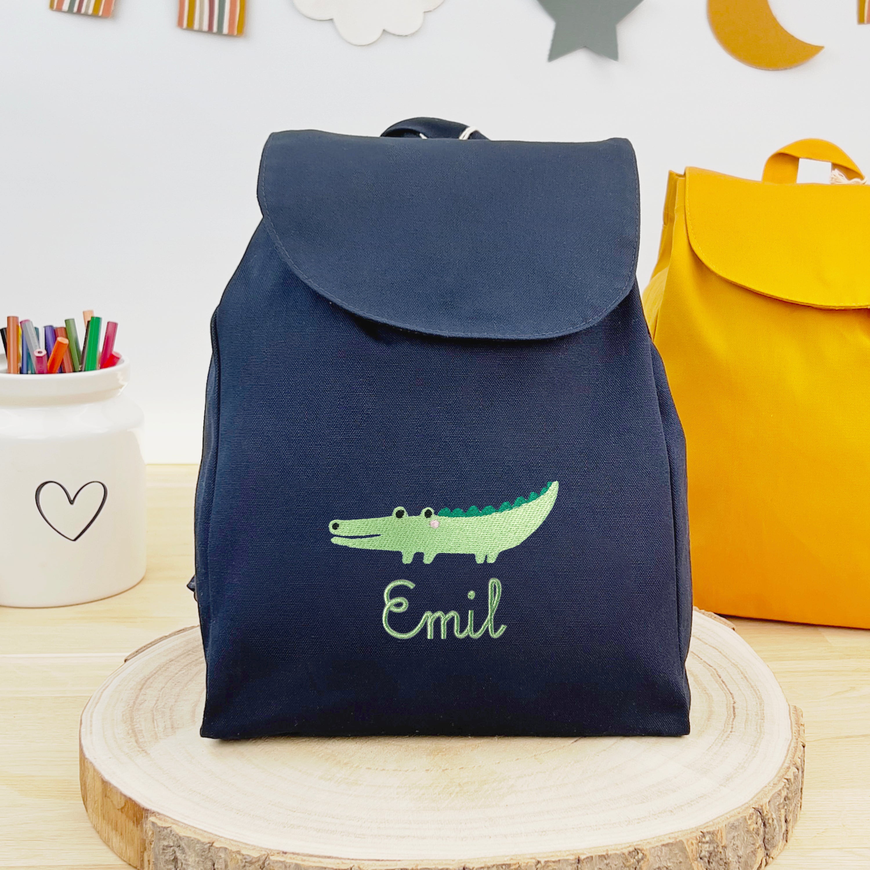 Bio Kinderrucksack mit Namen und Krokodil - Navy/Mint