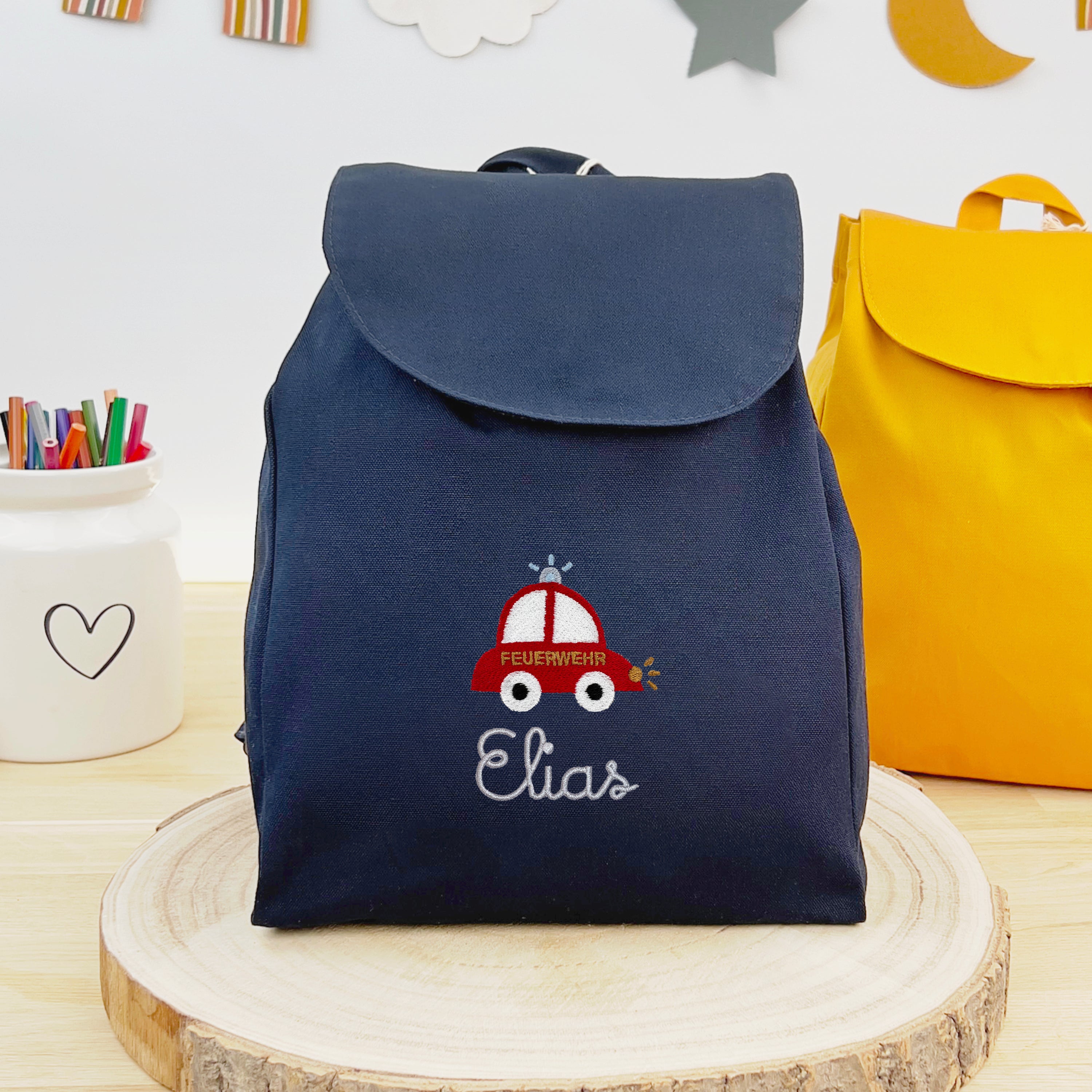 Bio Kinderrucksack mit Namen und Auto - Navy/Silber