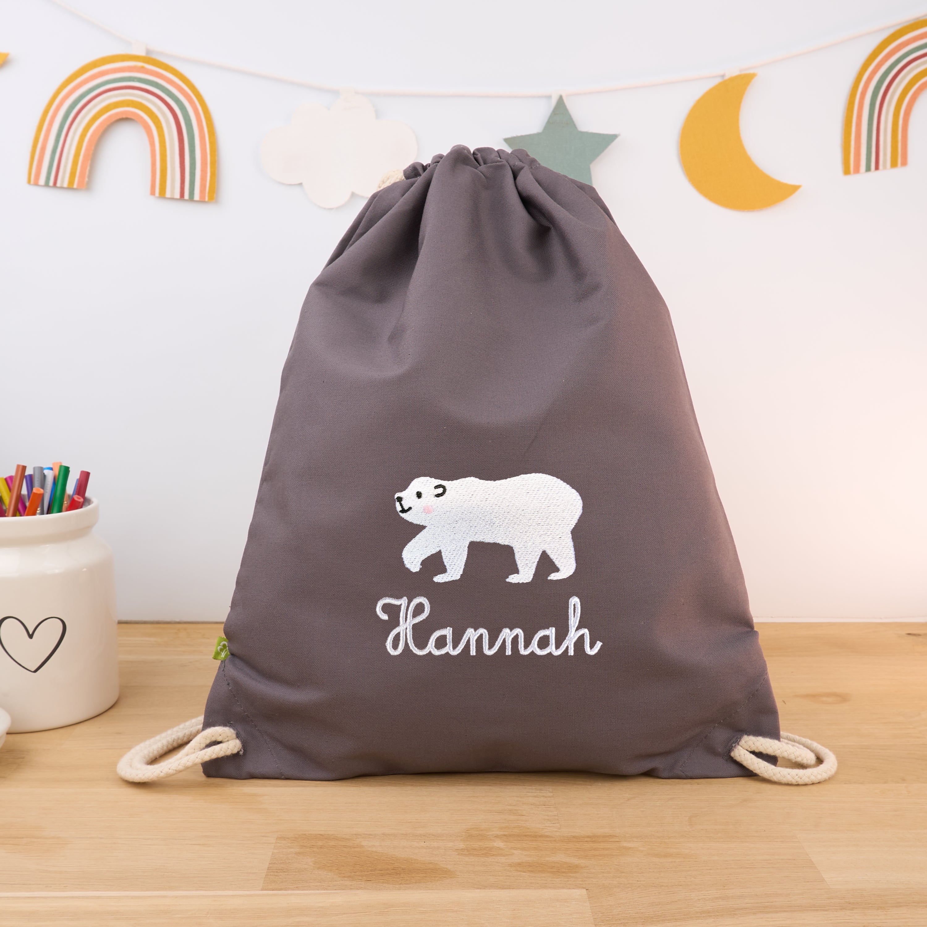 Bio-Kinderturnbeutel mit Namen und Eisbär - Dunkelgrau/Weiß