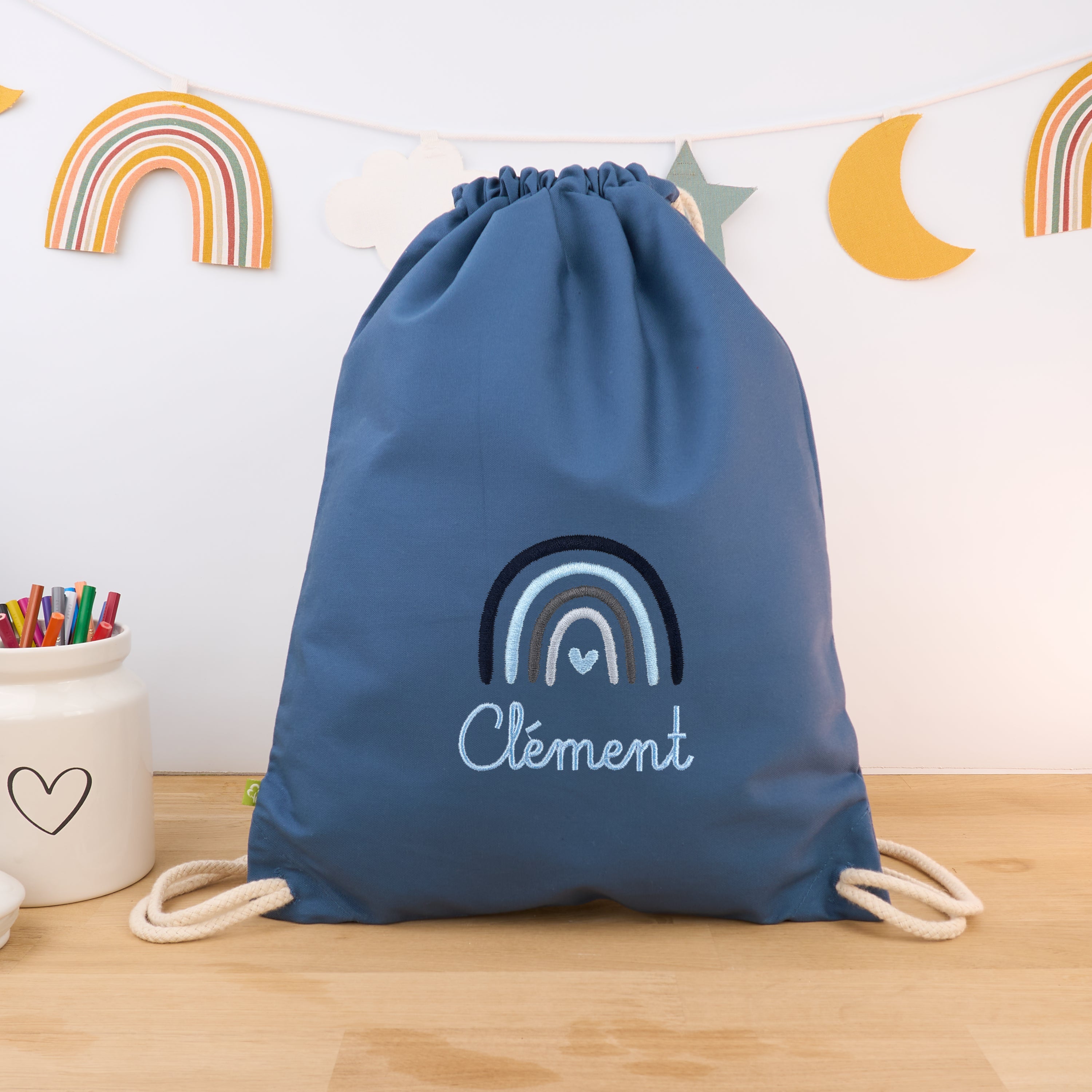Bio-Kinderturnbeutel mit Namen und Regenbogen - Blue Fog/Hellblau