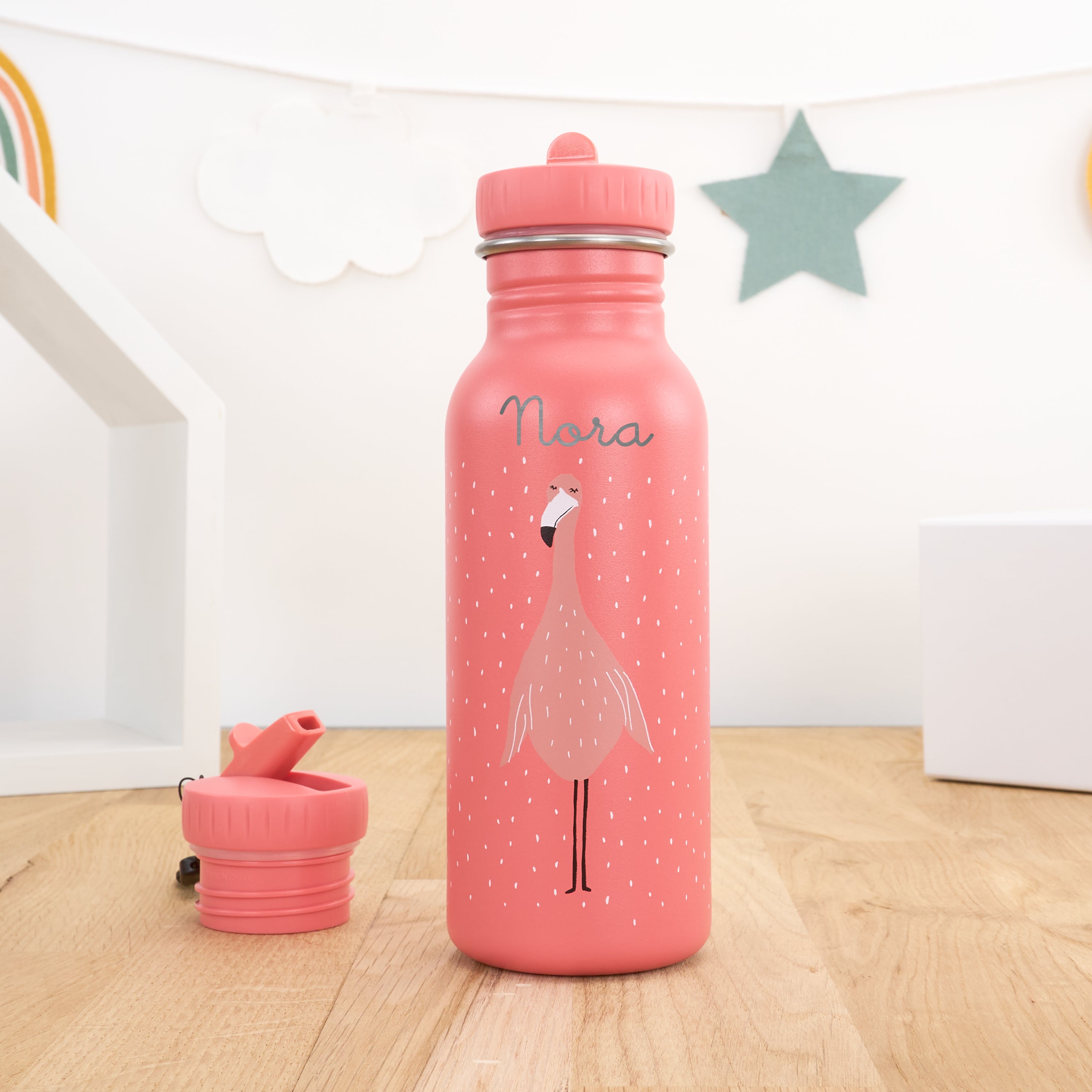 Kindergartentrinkflasche mit Namen personalisiert 500 ml - Flamingo