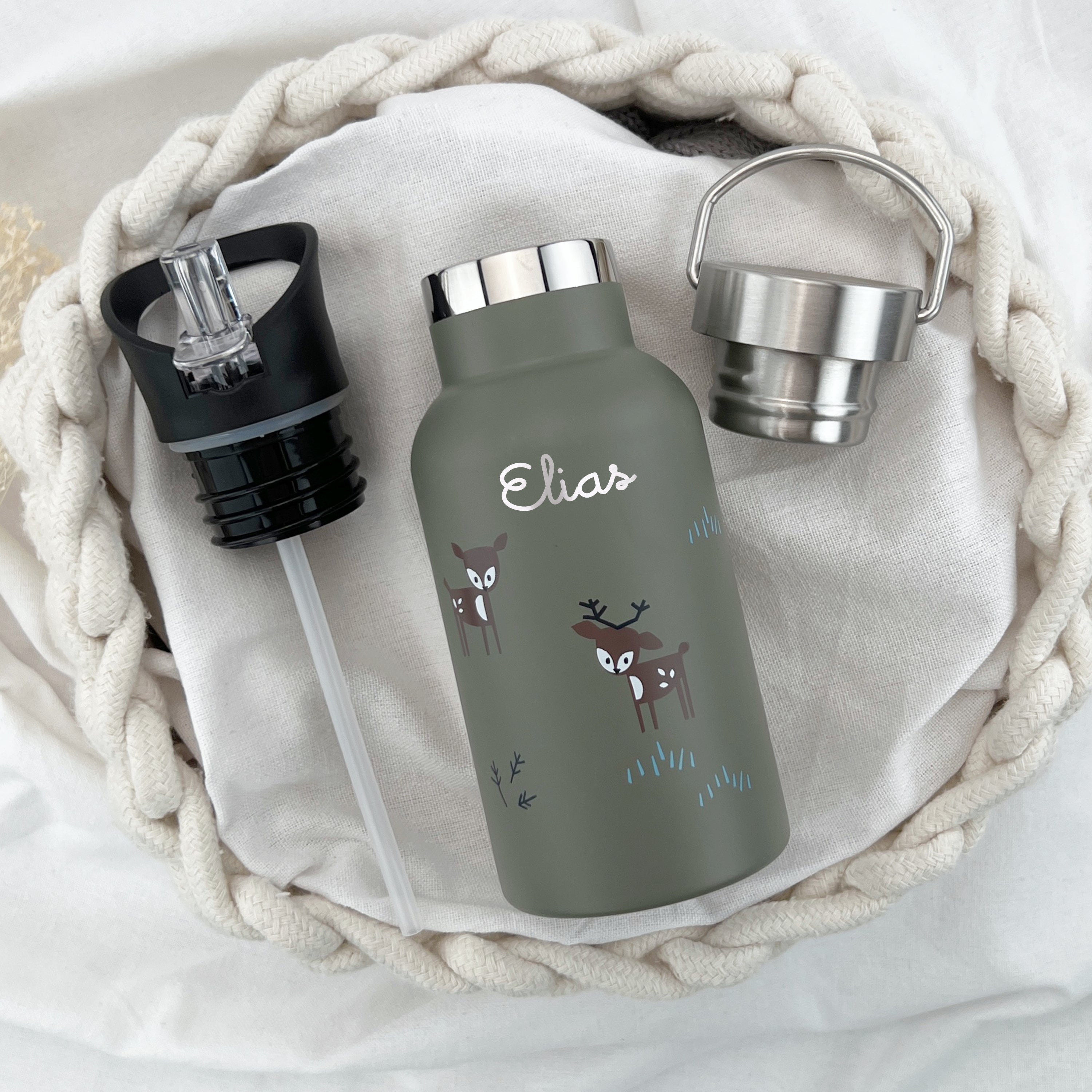 Kinder-Trinkflasche / Thermosflasche mit Namen - Rehe / Grün