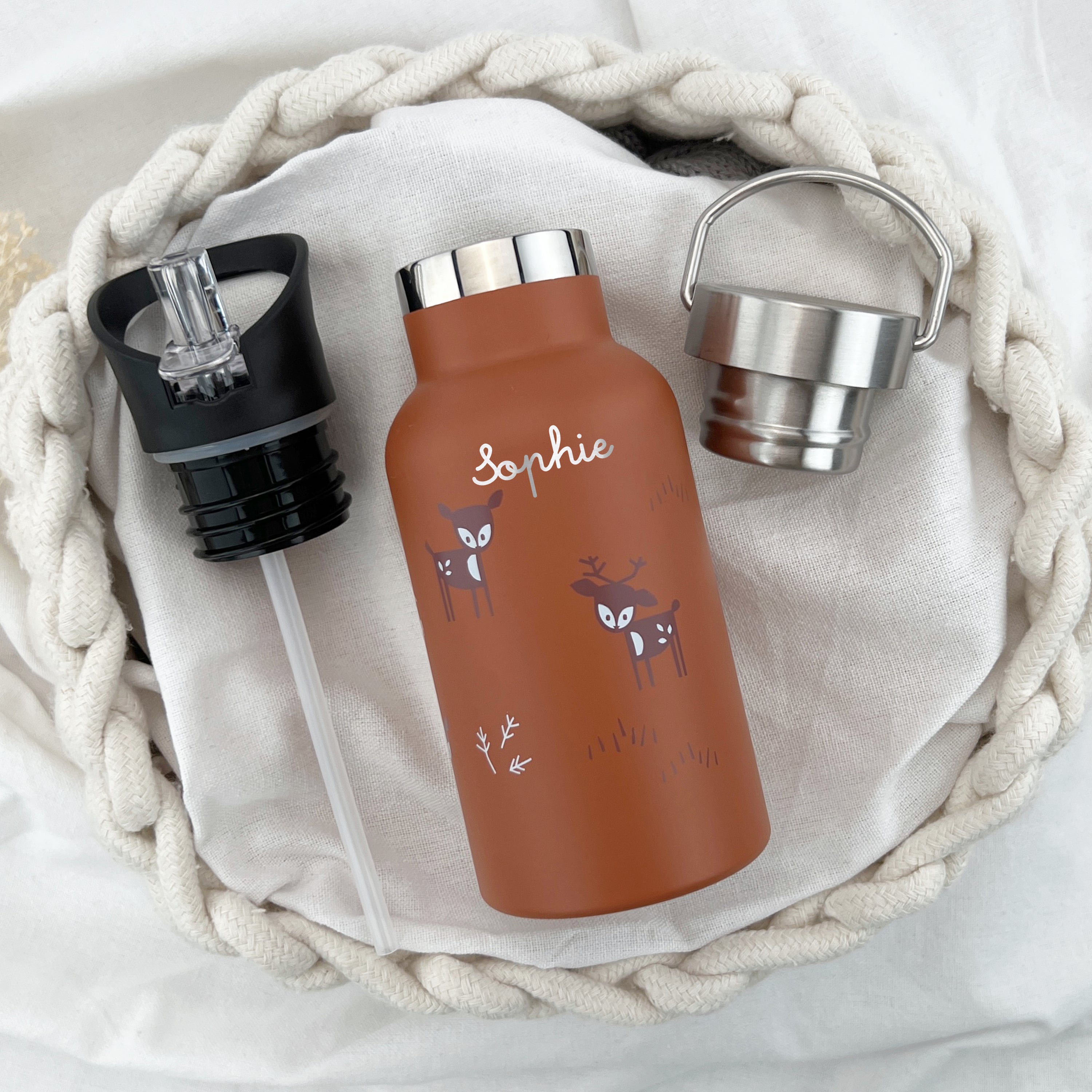 Kinder-Trinkflasche / Thermosflasche mit Namen - Rehe Braun