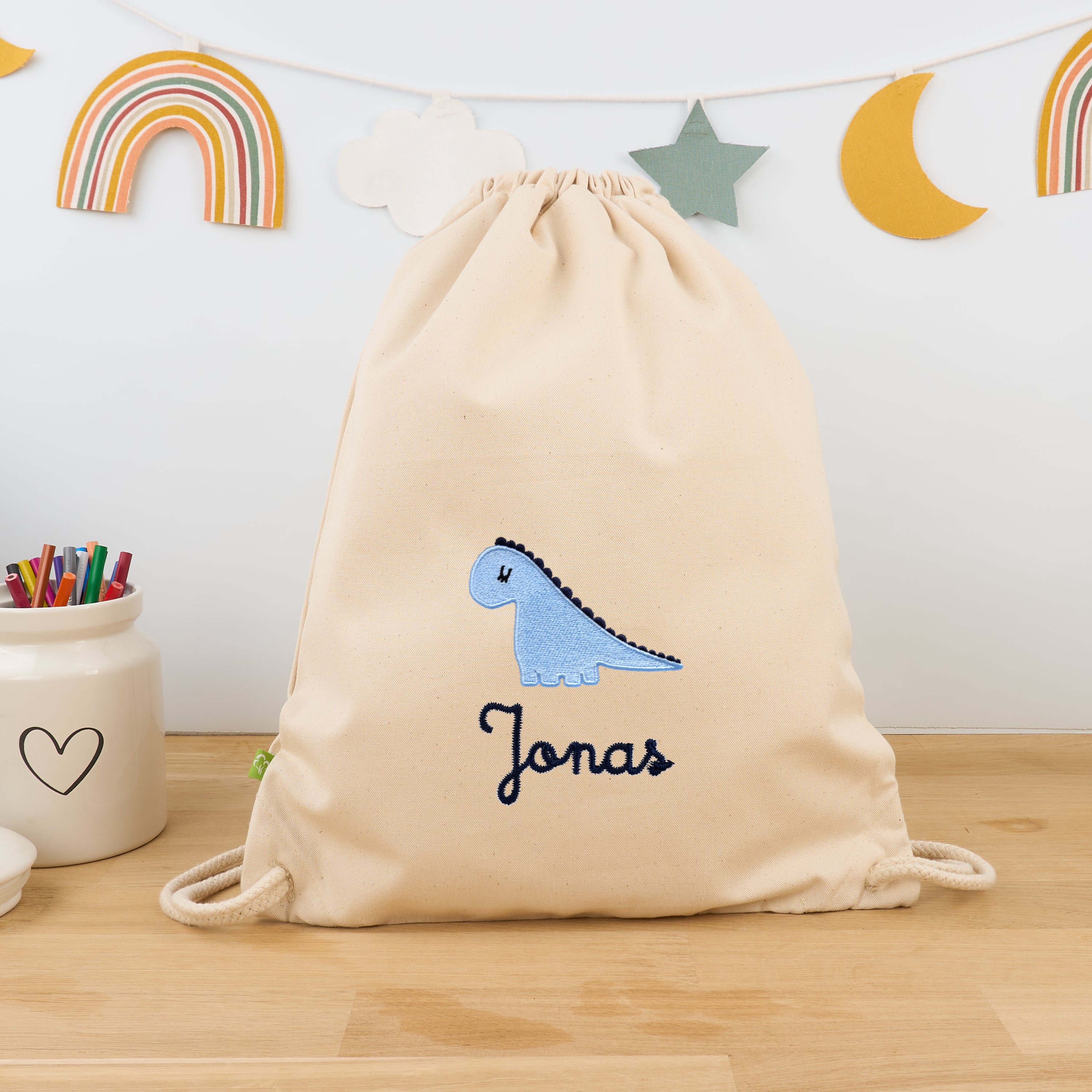 Bio-Kinderturnbeutel mit Namen und Dino - Natur/Navy