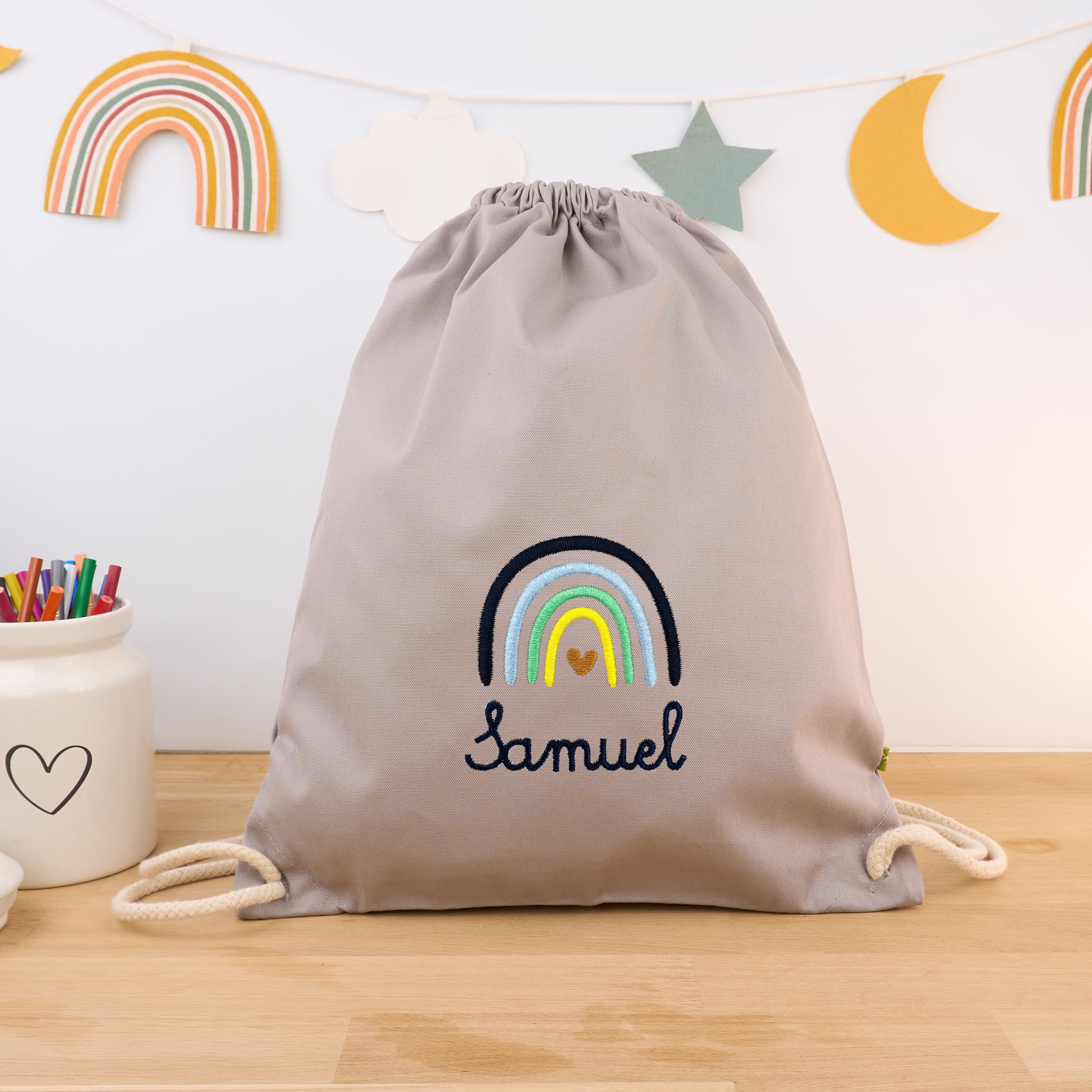 Bio-Kinderturnbeutel mit Namen und Regenbogen - Hellgrau/Navy