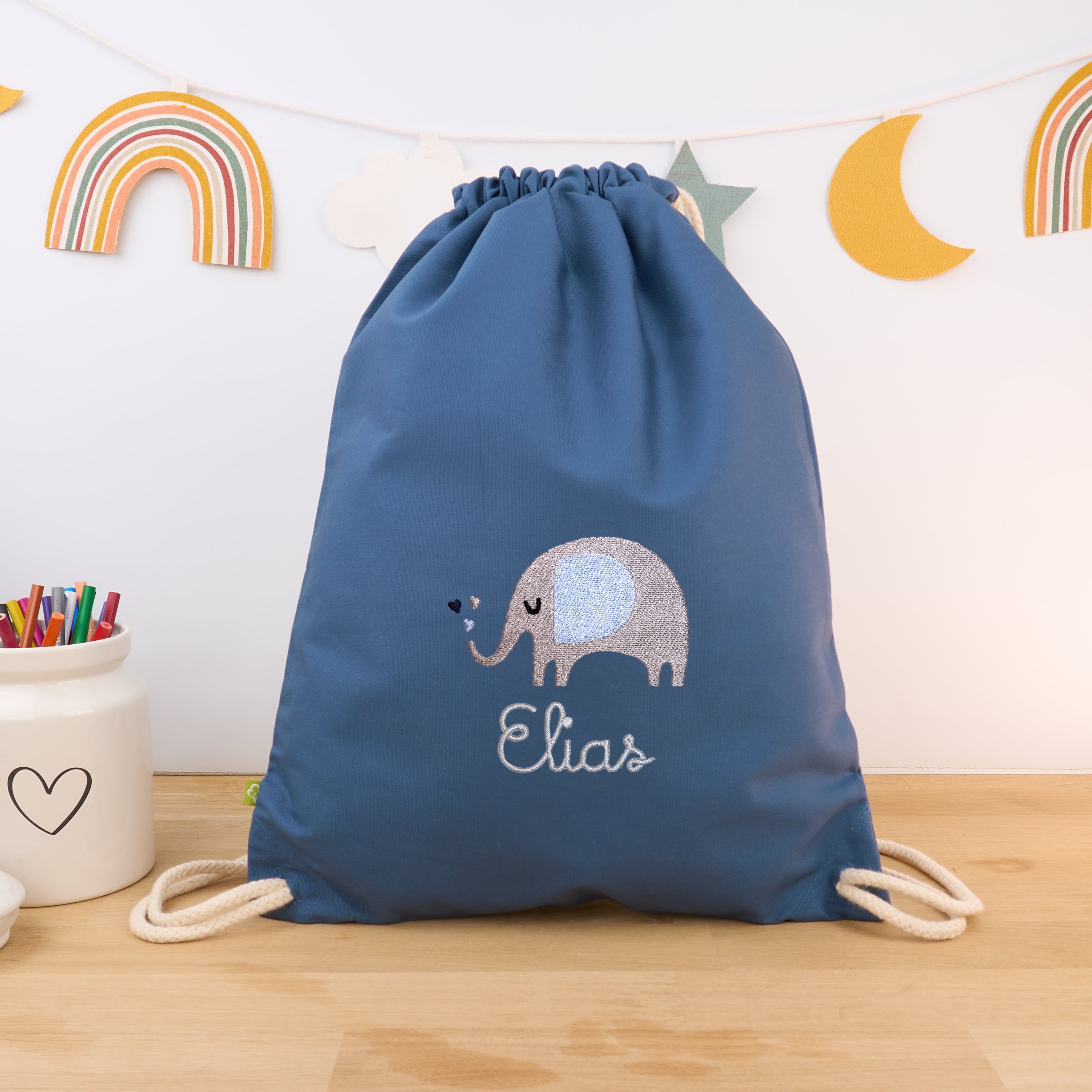 Bio-Kinderturnbeutel mit Namen und Elefant - Blue Fog/Silber