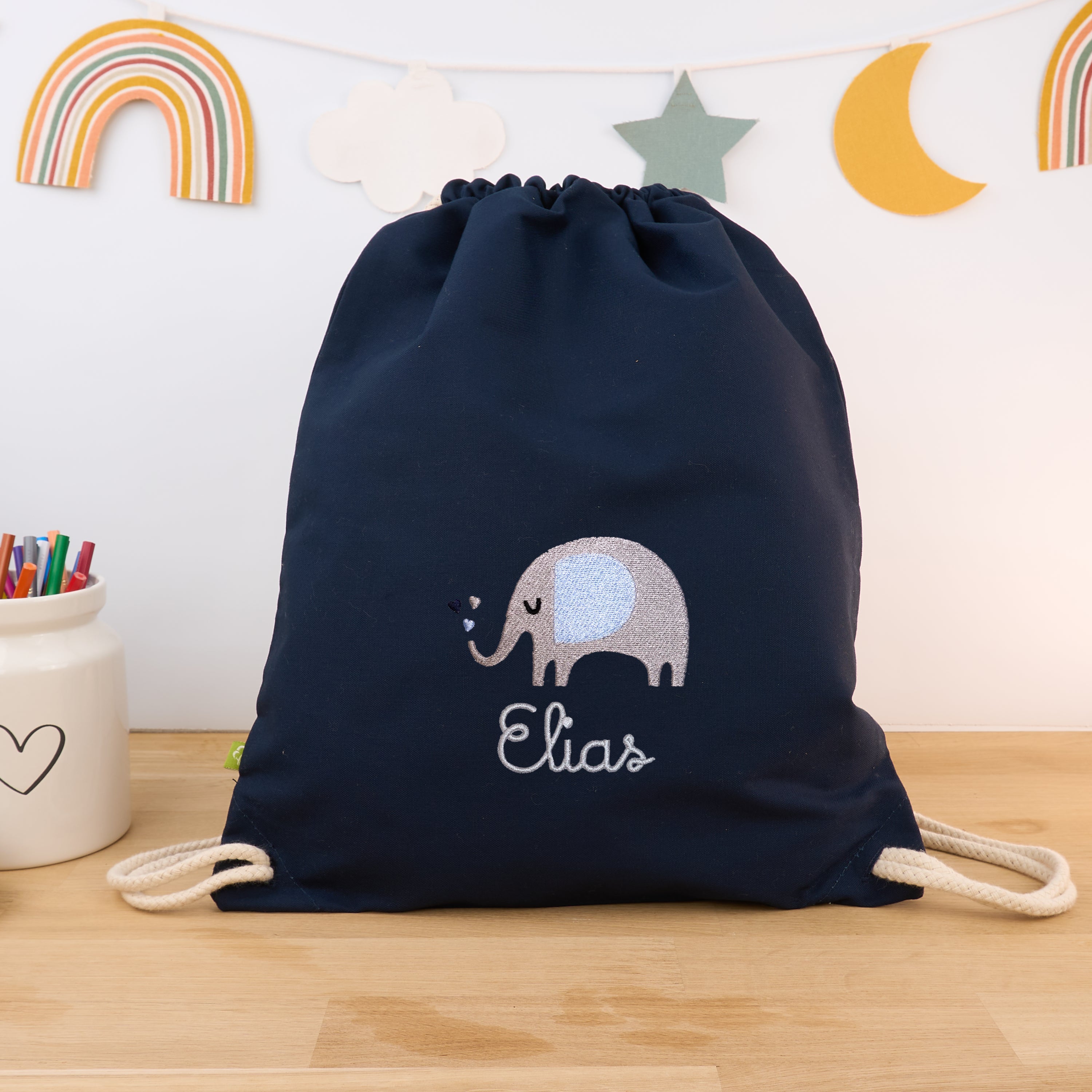 Bio-Kinderturnbeutel mit Namen und Elefant - Navy/Silber