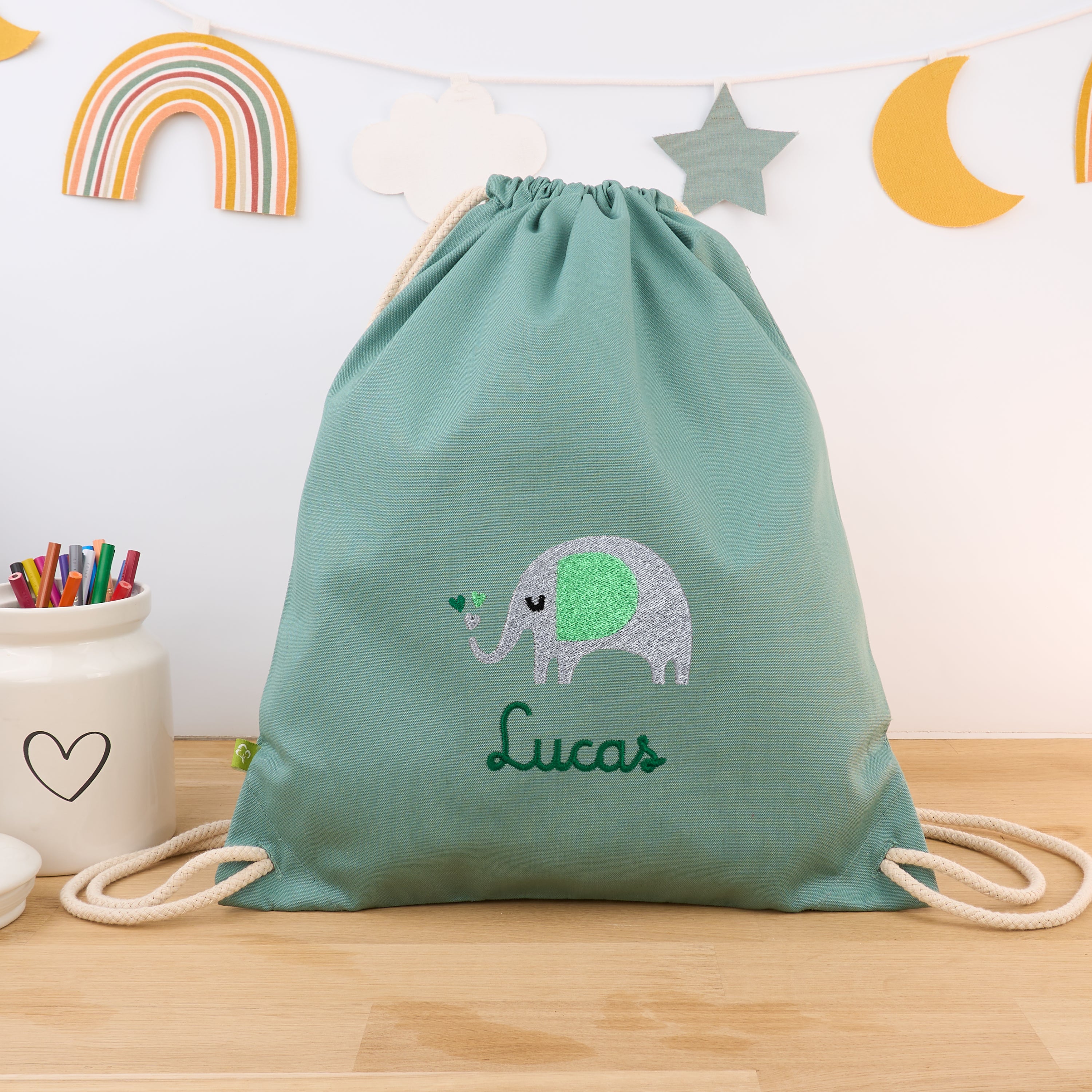 Bio-Kinderturnbeutel mit Namen und Elefant - Mint/Grün