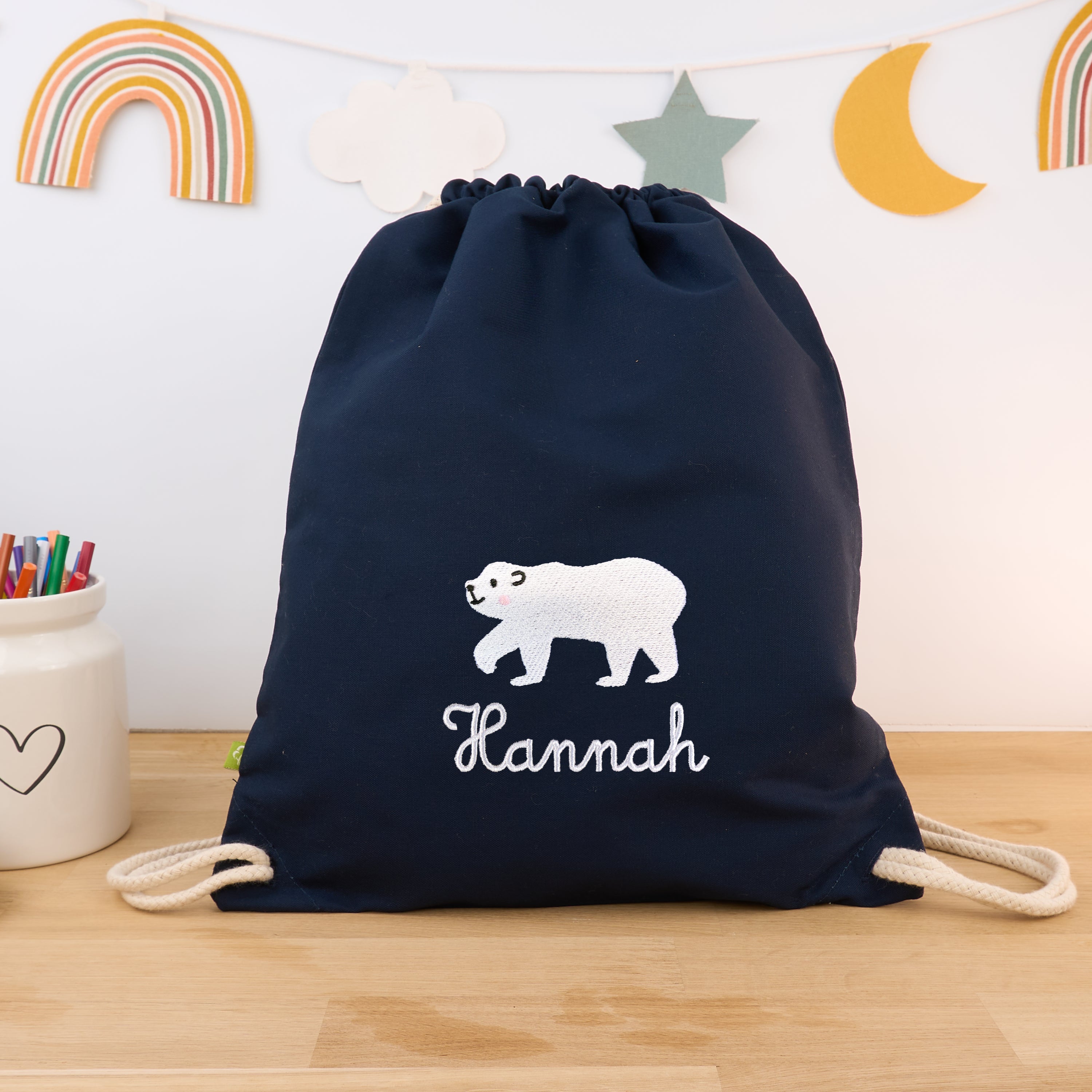 Bio-Kinderturnbeutel mit Namen und Eisbär - Navy/Weiß