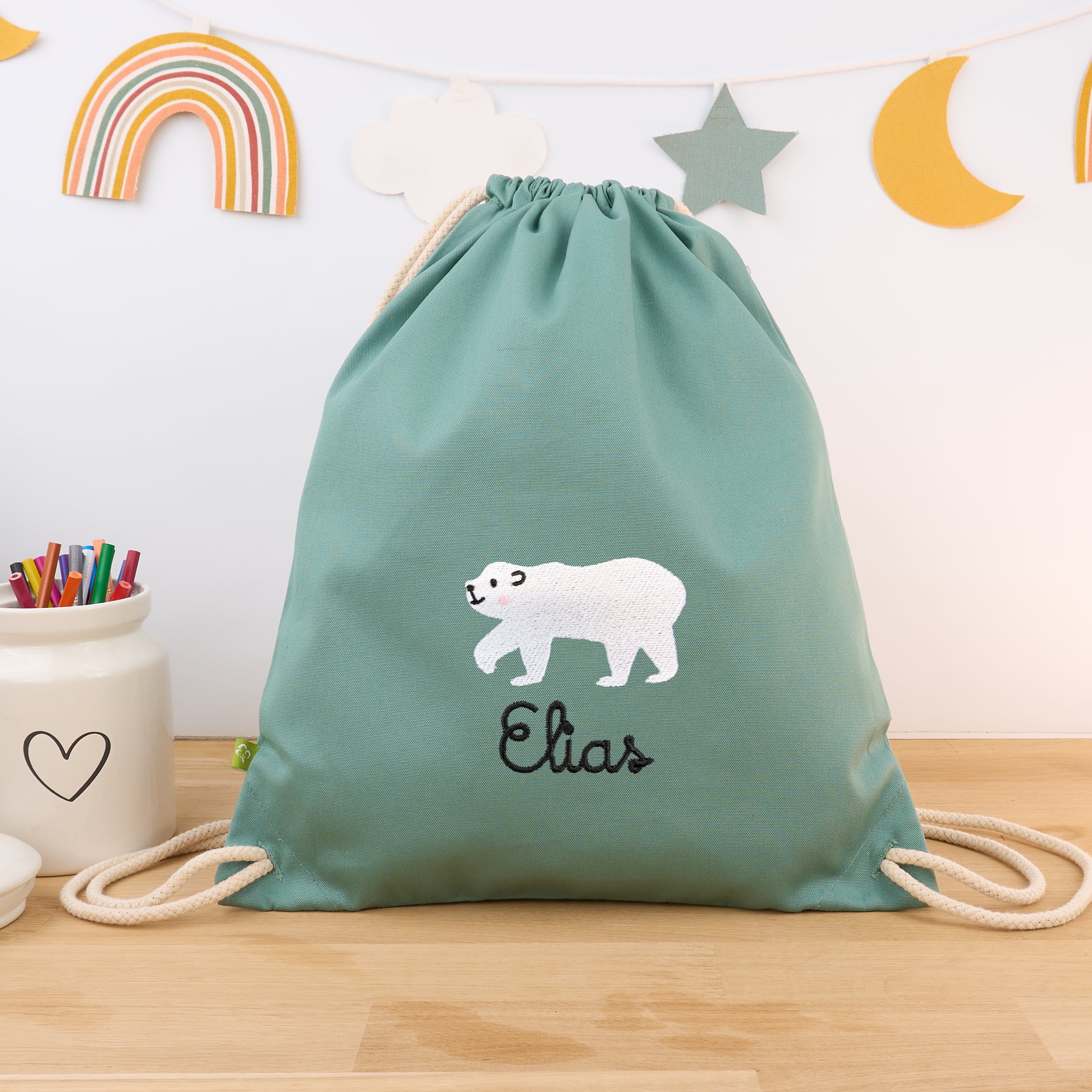 Bio-Kinderturnbeutel mit Namen und Eisbär - Mint/Schwarz