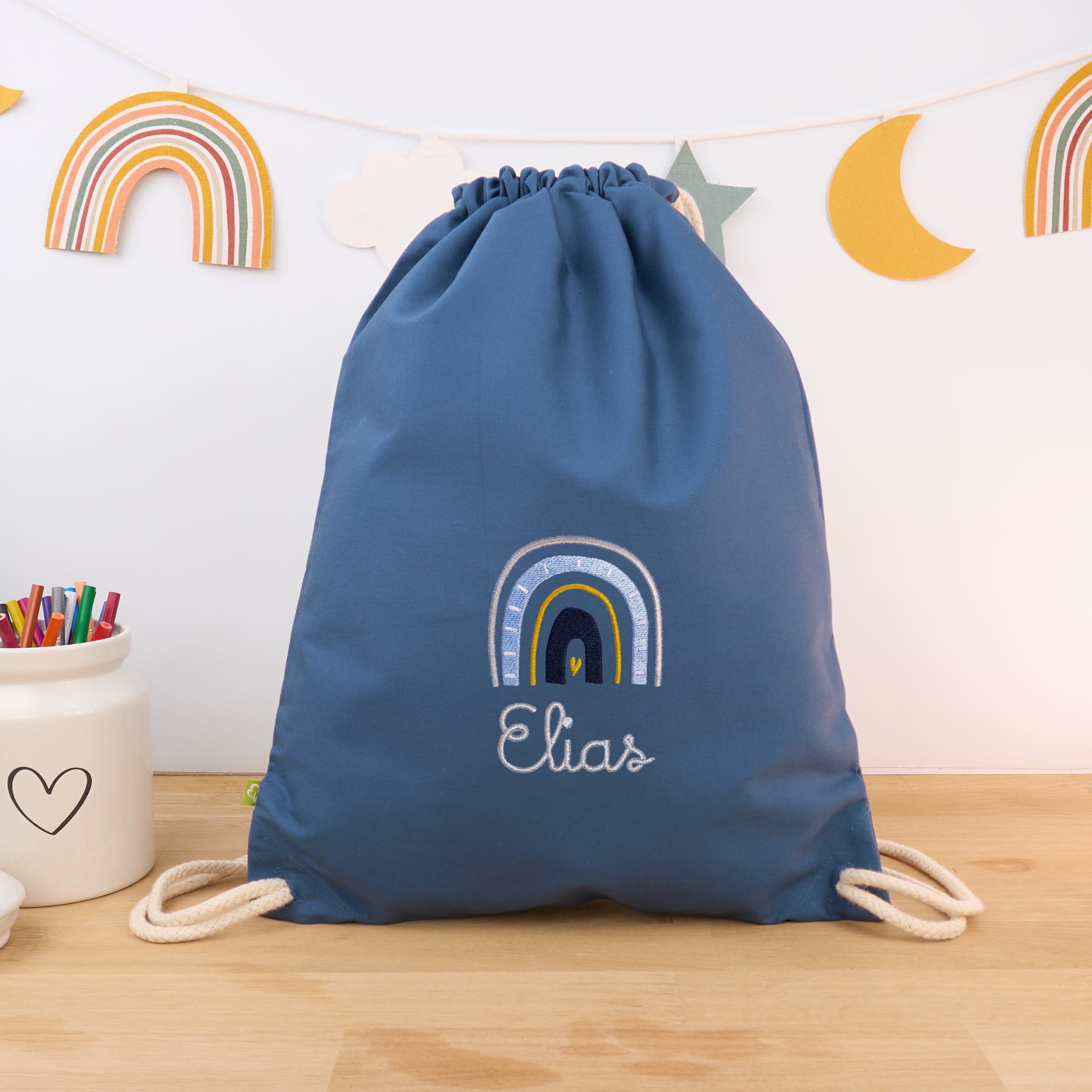 Bio-Kinderturnbeutel mit Namen und Regenbogen - Blue Fog/Silber