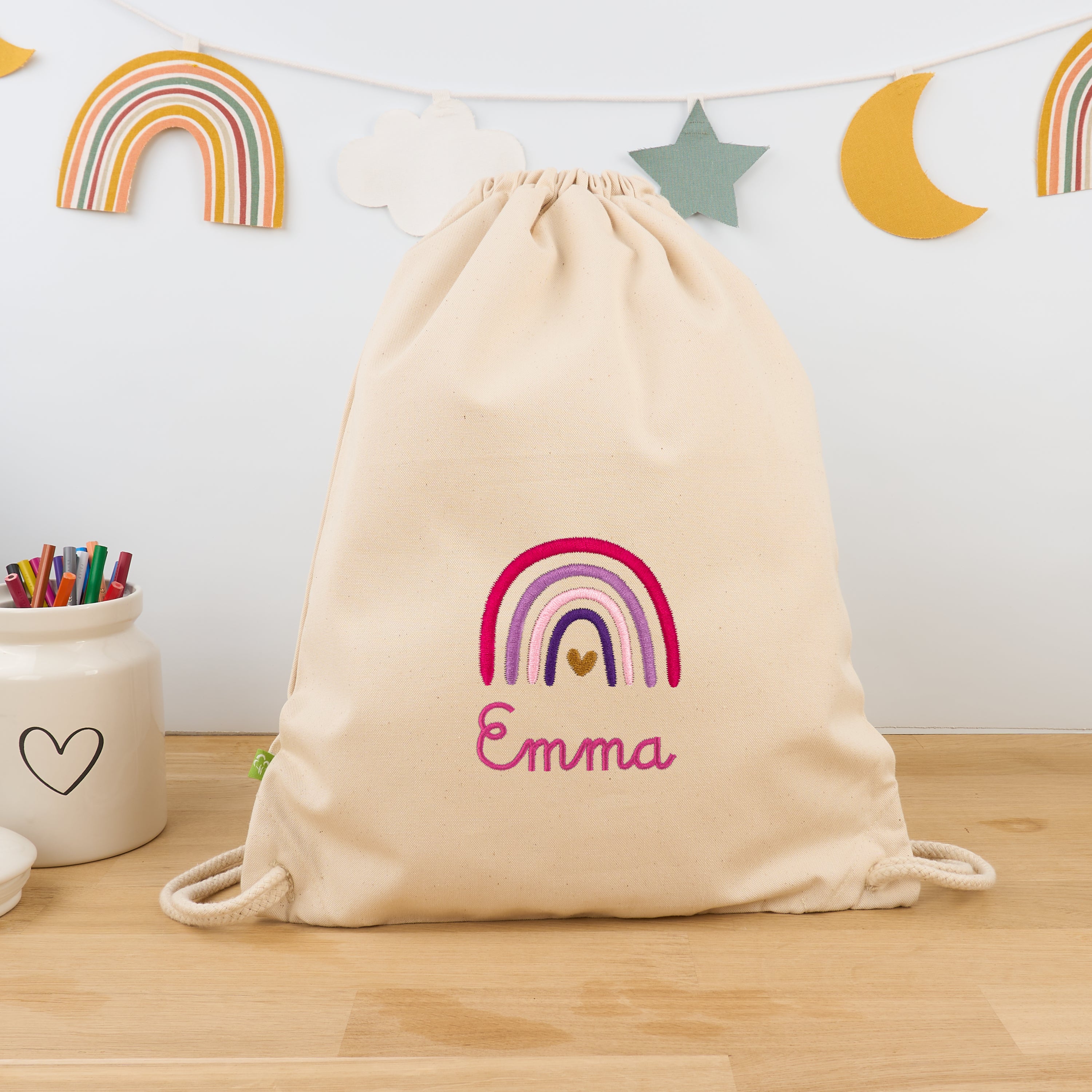 Bio-Kinderturnbeutel mit Namen und Regenbogen - Natur/Pink