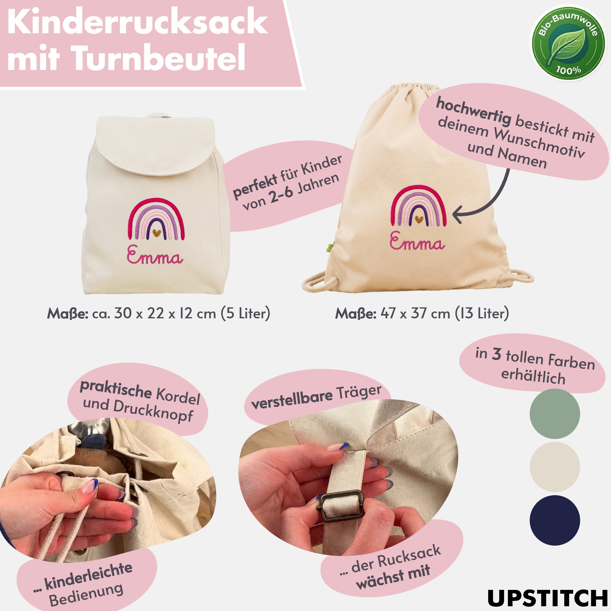 Kindergartenrucksack Set mit Turnbeutel personalisiert | Individuell bestickt mit Namen | Perfektes Geschenk zum Kita-Start