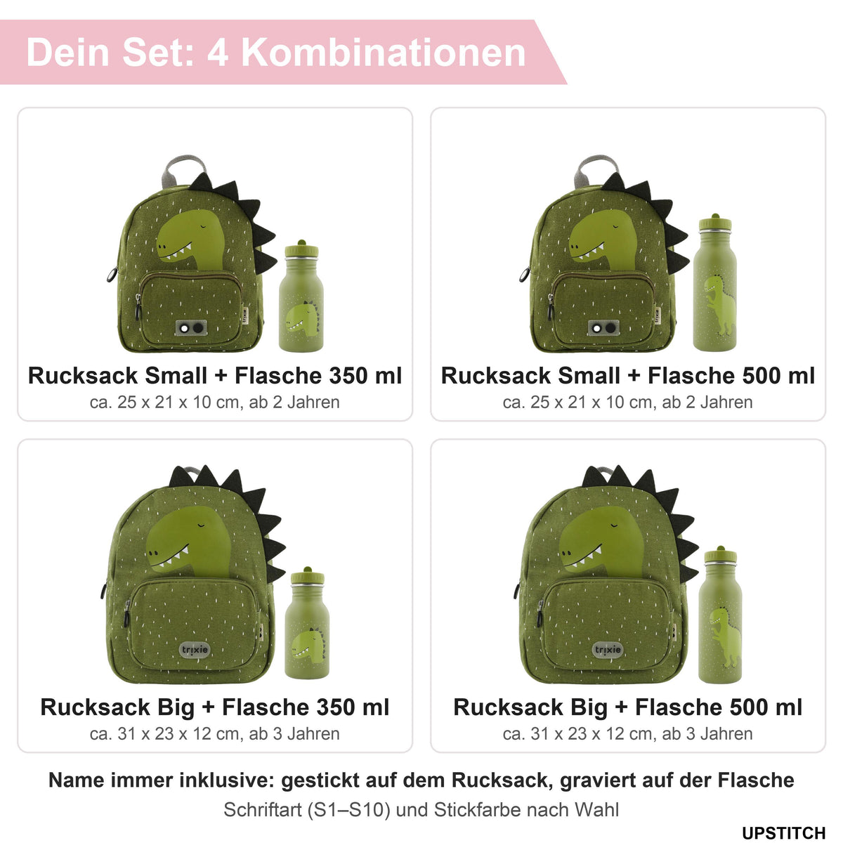 Trixie Kinderrucksack mit Trinkflasche im Set – mit Namen personalisiert | Small & Big | 350/500 ml