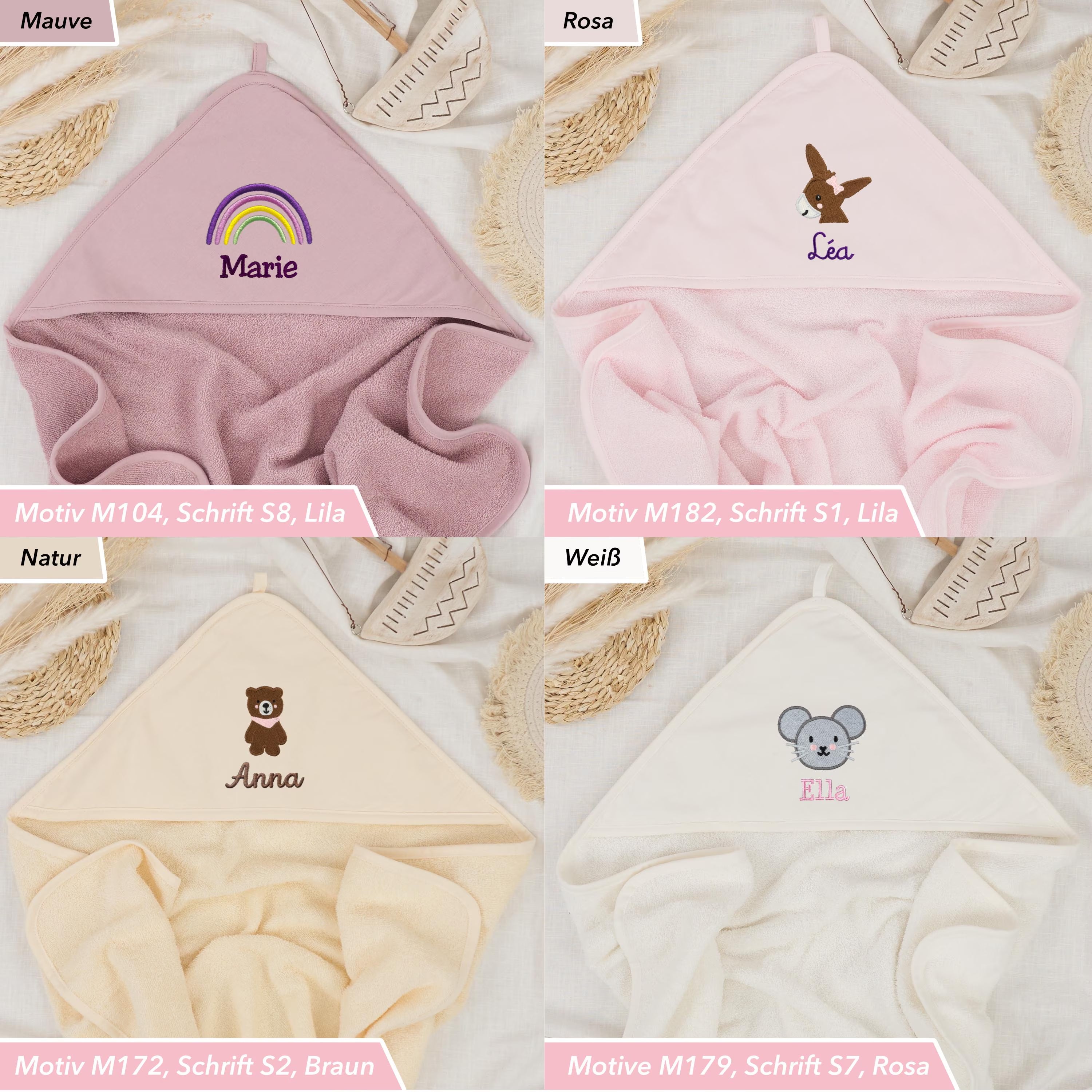 Personalisiertes Kinder/Baby-Kapuzenhandtuch mit Motiv & Name - 100% Baumwolle - verschiedene Farben/Größen