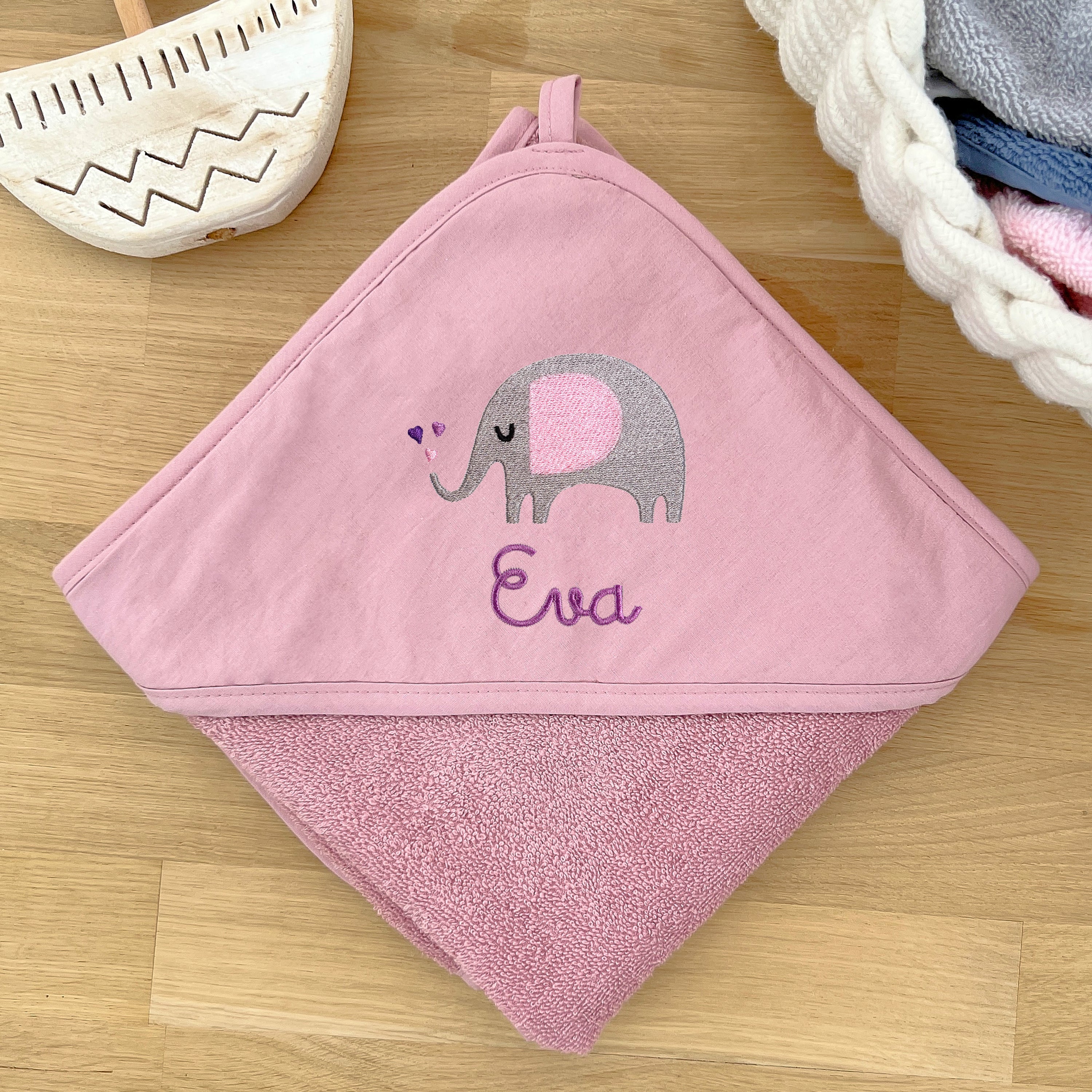 Kinder/Baby-Kapuzenhandtuch mit Namen - Mauve / Elefant